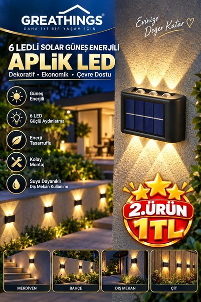 Greathings 6 LED Solar Duvar Aplik Gün Işığı Güneş Enerjili Çift Yönlü Dış Me...