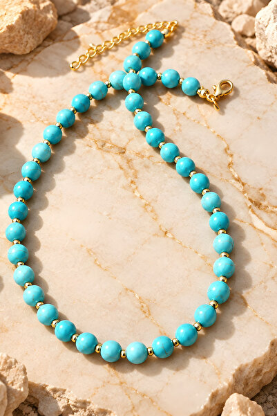 NBS Beautiful Naturel Stones قلادة من حجر الفيروز الطبيعي 8 مم 40 سم