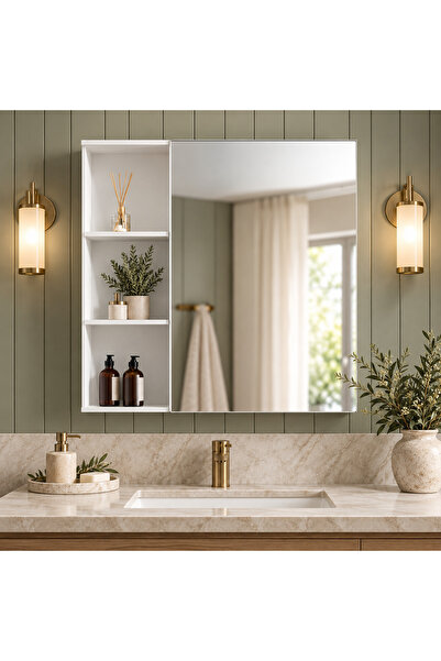 POZİTİF HIRDAVAT Pusula MDF Aynalı Banyo Dolabı | Açık Raflı | 75 × 65 × 14 c...