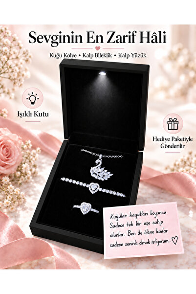Sepetten Eve Işıklı Set Kutusunda Gerçek Çelik Swan Beyaz Kuğu Kolye Kalpli Y...