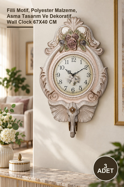 Yenilig 3 Pieces of Wall Clock – Elephant Motif, Polyester Material, Hanging ...