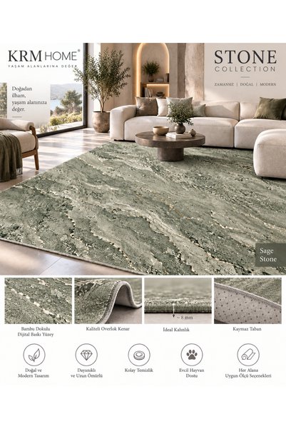 krm dünya ürünleri KRM HOME Stone Collection Modern Taş Desenli Halı Kaymaz T...