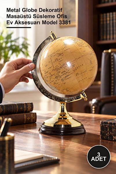 3 Adet Pirinç Dünya Küre – Metal Globe Dekoratif Masaüstü Süsleme Ofis Ev Aksesuarı Model 3381
