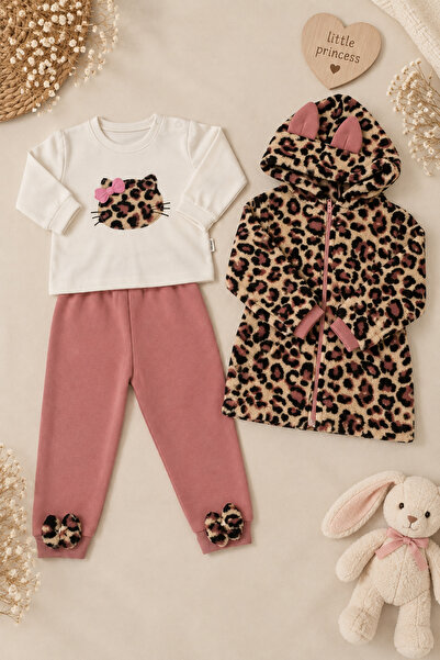 Leopar detaylı Kapüşonlu Yelek Desenli Sweatshirt ve Eşofman Altı