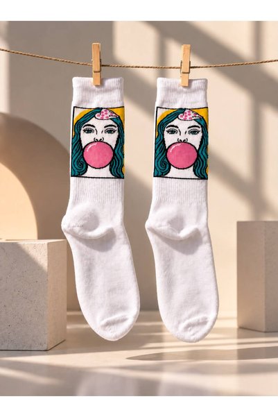 Unisex Beyaz Pop Art Bubble Gum Baskılı Soket Çorap – Renkli Desenli Trend Çorap