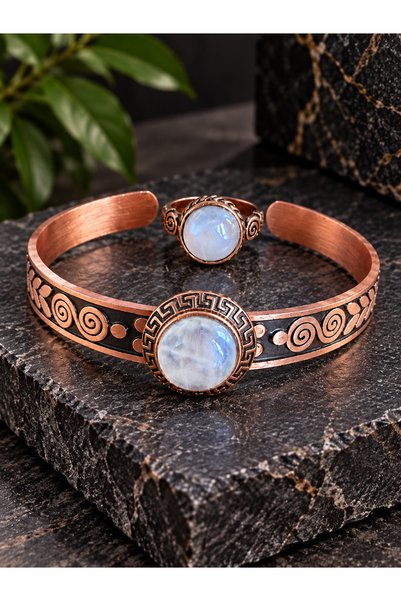 Aida Jewelss Pure Copper Ring Bracelet with Natural Stones, Handcrafted Coppe...