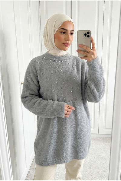 Kirazca Butik Kadın Peluş Taş Detaylı Oversize Uzun Kazak Tunik 85 cm