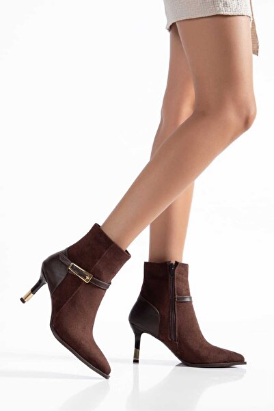 SEDRİK Women's Pointed Toe Thin Heeled Brown Side Buckle Boots Esvon Brown Suede