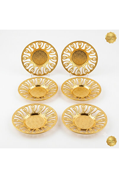 Lüks Desenli Gold Çay Tabağı 6'lı Set - Metal Çay Tabağı Takımı