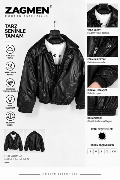 ZAGMEN Erkek Siyah Oversize Deri Ceket Fermuarlı Rahat Kesim Biker Ceket
