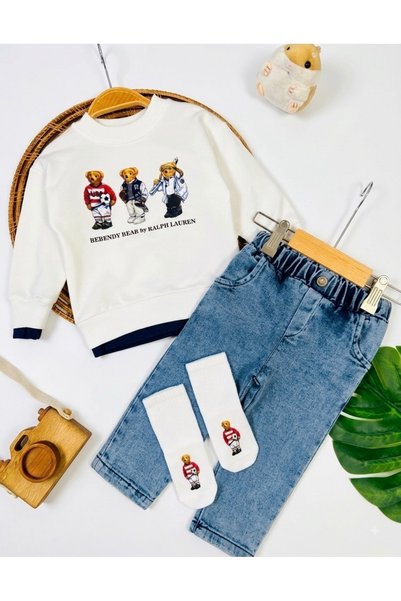 Asila Baby Teddy bear print sweatshirt, printed lycra stretch denim pants, and teddy bear print socks 3-piece baby boy set