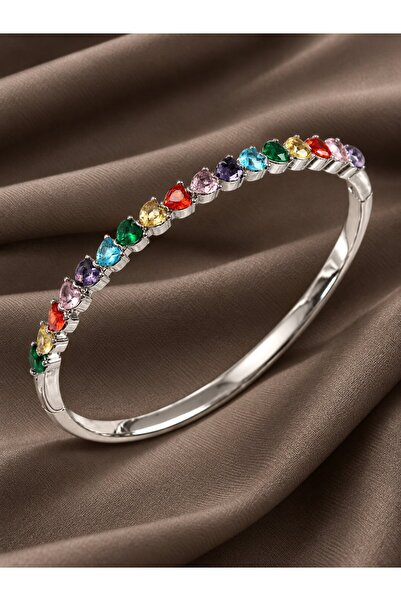 serelya Brass Colored Zircon Stone Heart Model Silver Color Women's Handcuffs