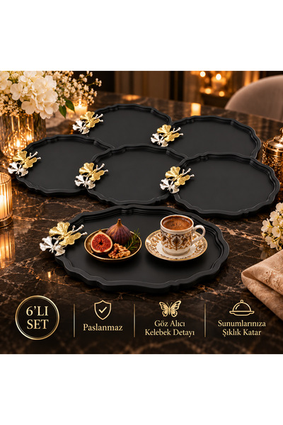 Midilli Home Lotus Paslanmaz 6 Lı Takım Kelebek Detaylı Genel Sunum Tepsisi G...