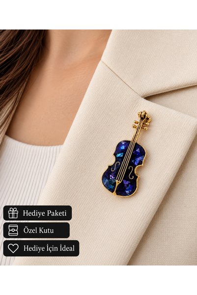 HER ŞEY NOTA www.herseynota.com Keman Figürlü Broş Gold Renk Lacivert Detaylı...