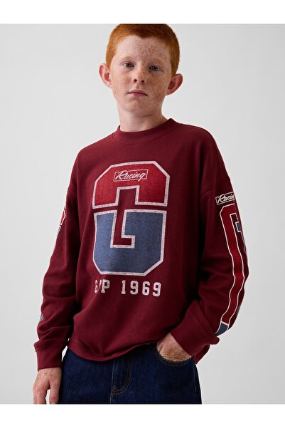 GAP Erkek Çocuk Bordo Kids Heavyweight Oversized Grafik T-Shirt