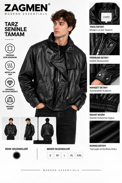 ZAGMEN Erkek Siyah Oversize Deri Ceket Fermuarlı Rahat Kesim Biker Ceket