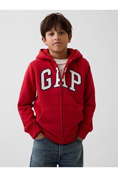 GAP Erkek Çocuk Kırmızı Sherpa Astarlı Logo Fermuarlı Sweatshirt