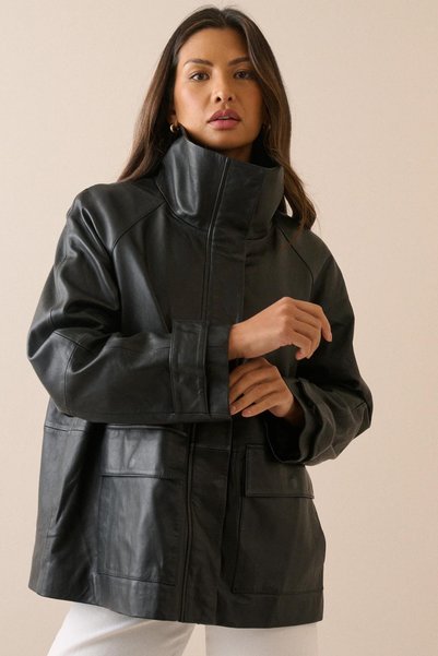 PRİFALDİ Agli̇mmer Women's Pb Long Oversize Zippered Pocketed Brown Leather Jacket