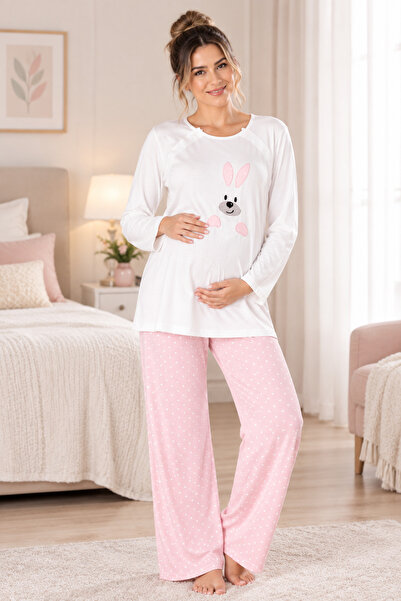 by İGP Rabbit Detailed Long Sleeve Maternity Adjustable Waist Pajama Set Effortt