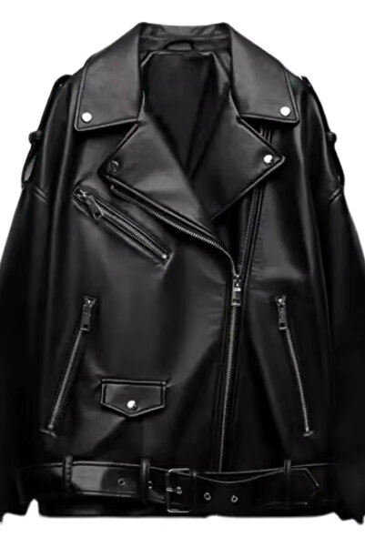 PRİFALDİ Agli̇mmer Long Oversize Women's Black Faux Leather Jacket