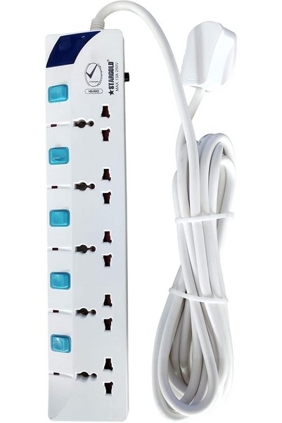 Stargold Extension Cord, Overload Protector Electric Charging Lead 5 AC Output, 13A, 5M Long Power Cable, Heavy Duty Charging Station for Smartphone, Electronics, Home, Offices - SG-855, White