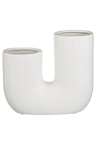 OEM Double White Ceramic Vase with Embossed Stripes 18x6x16.5cm