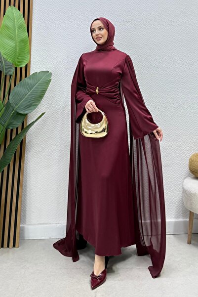 modadeywearst Asil Pelerinli Saten Tesettür Abiye Elbise