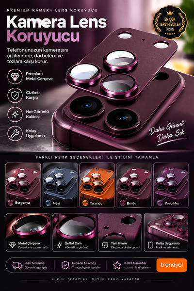 Genel Markalar Tam kapatan 18 pro Max ve 17 pro max uyumlu Safir Koruyucu Lens