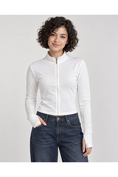 CANMODA Top de damă cu mânecă lungă, alb, cu fermoar