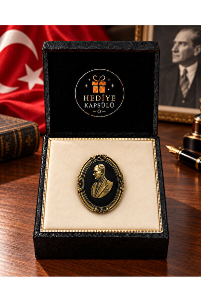 Atatürk Portreli Oval Broş Antik Gold Görünümlü Şık Yaka Aksesuarı