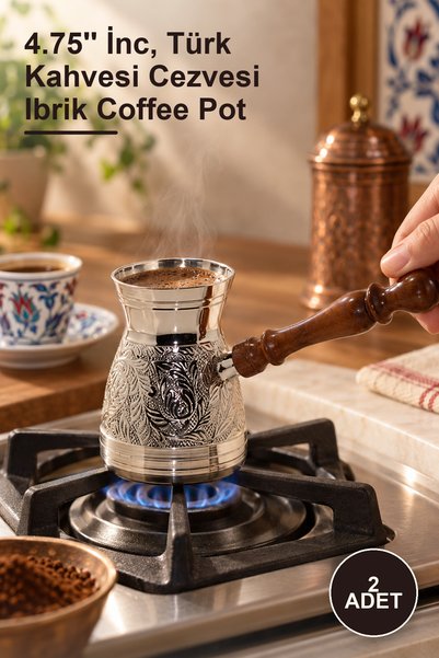Yenilig 2 pieces of brass coffee pot - 4.75'' inch, turkish coffee pot ibrik ...