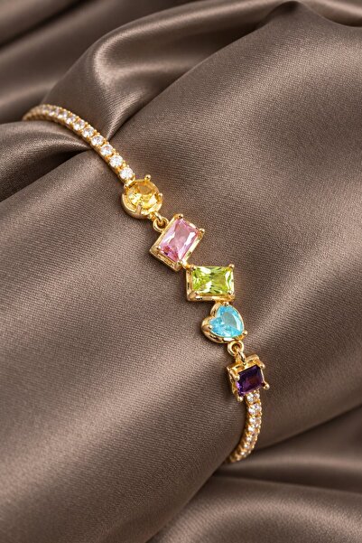 serelya Brass Colored Zircon Stone Geometric Model Gold Color Women's Bracelet