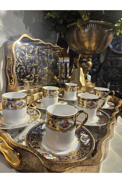 AROW TUGRA HOME SARAY DETAYLI LACİVERT ALTIN YALDIZ İŞLEMELİ 6 KİŞİLİK FİNCAN...