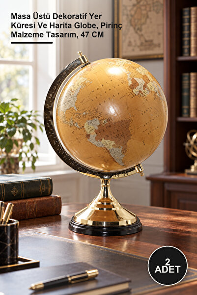 2 Adet Pirinç Dünya Küre – Masa Üstü Dekoratif Yer Küresi Ve Harita Globe, Pirinç Malzeme Tasarım, 47 CM
