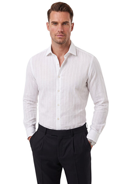 DeepSEA Men's Slim Fit 95% Cotton Striped Textured White Non-Iron Shirt 2600002