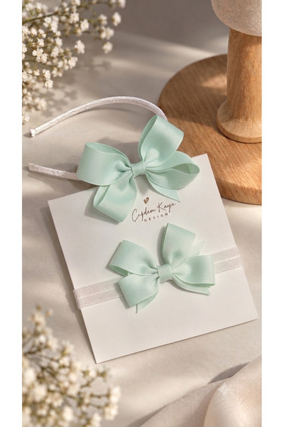 çiğdem kaya design Mother Baby Maternity Crown Set with Water Green Bow