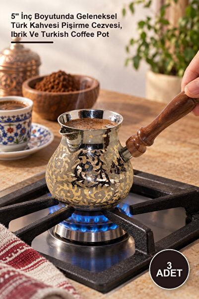 Yenilig 3-piece brass coffee pot set - 5'' inch traditional turkish coffee br...