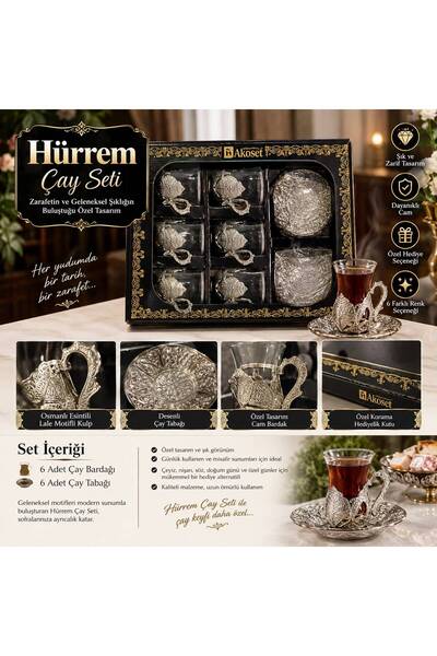 EKİM TOYS Hürrem Çay Seti 6 Kişilik Lale Kulplu Cam Çay Bardağı ve Çay Tabağı...
