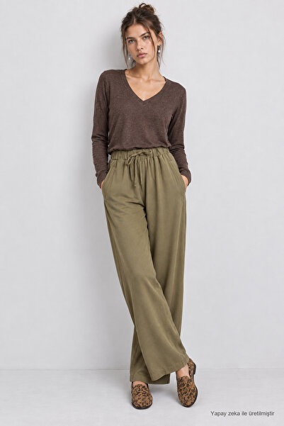Lovelyİstanbul Geniş Paça Mevsimlik Gabardin Pantolon LNZ0003 HAKİ