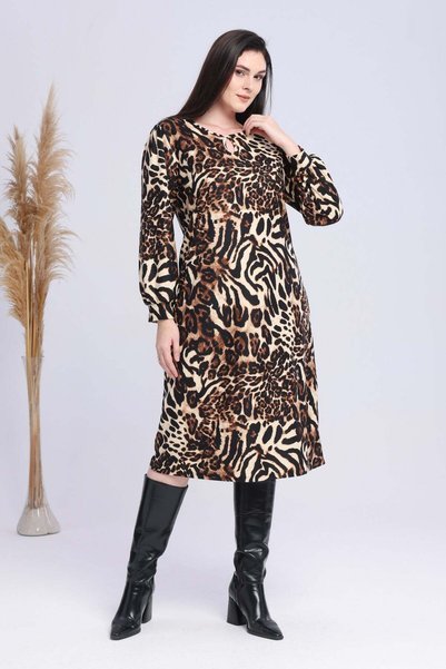 Madwilo Women's Brown Leopard Pattern Balloon Sleeve Collar Detailed Plus Size Dress