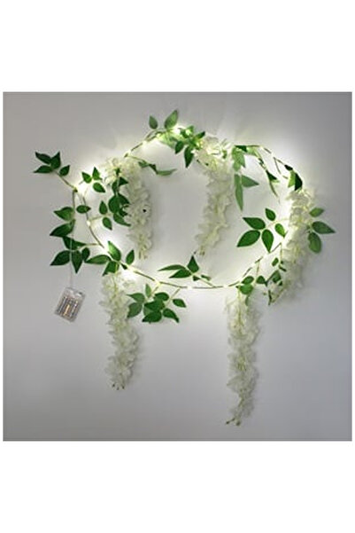 OEM Ghirlanda Decorativa cu Frunze Verzi Flori Albe si Luminite cu Baterii 1.8m