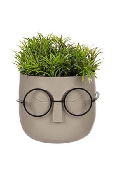 OEM Ghiveci Decorativ Fata Bej cu Ochelari Negri & Planta Artificiala 11x11x14cm