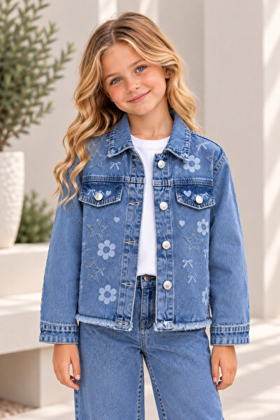 DUDOR KİDS Kız Çocuk Yıldız Ve Çiçek Baskılı Kot Ceket-Jeans Ceket-Kot Mont