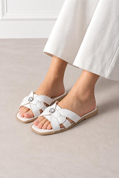 Roshin Shoes New Season White Stone Detailed Knitted Strap Flat Sole Slippers