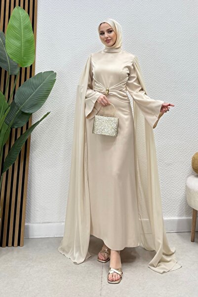 modadeywearst Asil Pelerinli Saten Tesettür Abiye Elbise
