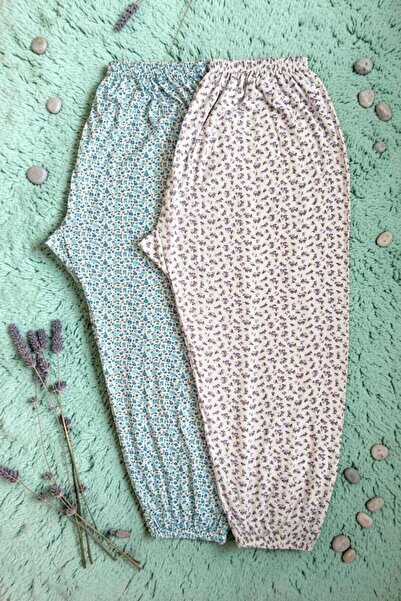 Kadın Büyük Beden Çiçekli Pijama 2'li Paket Lastikli Paça Uzun Yazlık Battal Rahat Konforlu