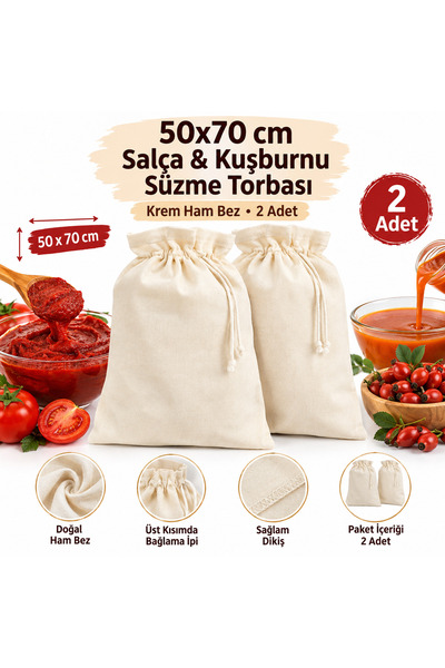 Öztürk %100 Doğal Pamuk Krem Hambez Süzme Torbası 50x70 cm – Salça, Kuşburnu,...