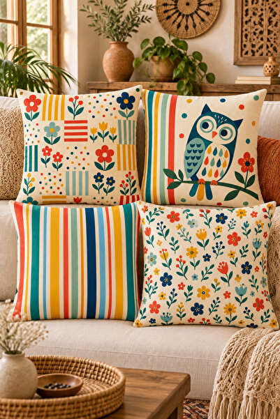 Moud's Set of 4 Cushion Covers 43X43 cm Owl and Flower Patterned Colorful Ret...