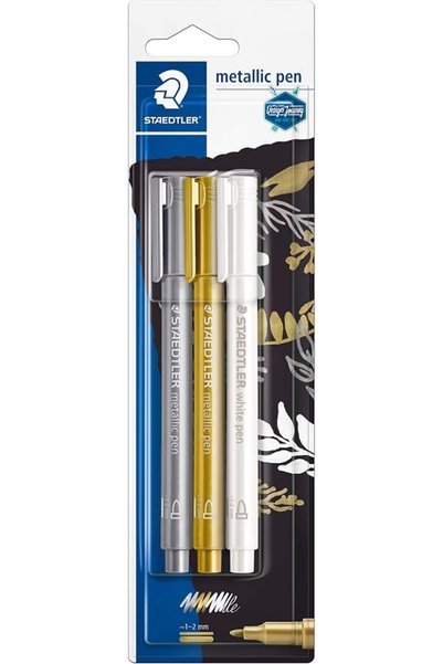 Staedtler 8323-S Bk3 مجموعة أقلام معدنية ذهبية وفضية وقلم تحديد أبيض
