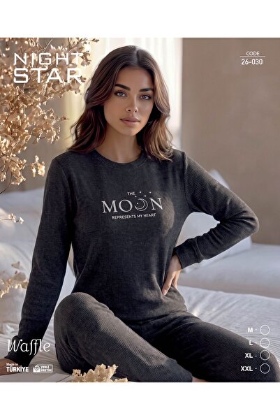 Night Star Tokyo Waffle Cotton Knitted Interlock Moon Printed Anthracite Paja...
